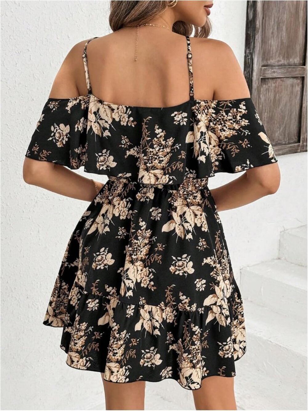 Women's Black Boho Floral Mini Dress Cold Shoulder Short Sleeve Ruffle Vacation - Picture 2 of 6